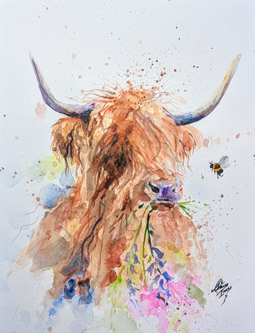 Highland Cow - Bluebells and Bee
