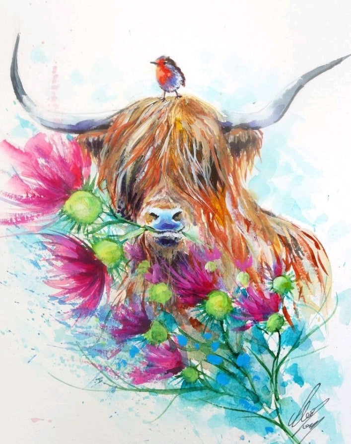 Highland Cow withThistles and Robin – Claire Innes Art and Lifestyle